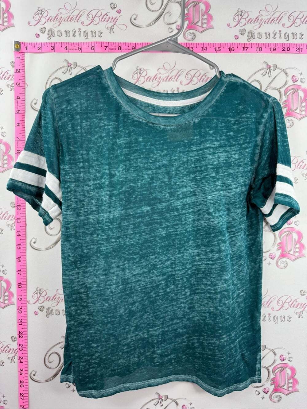 Harlow shirt blue Teal Burnout Short Sleeve Tee with White Stripe Sleeves